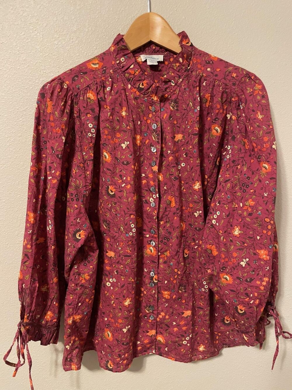 Sundance Tunic Top Womens Large Red Floral Button Up Ruffle Boho Cottagecore